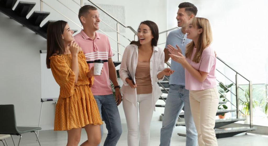 coworkers, conversation, hallway, laughing people, coffee