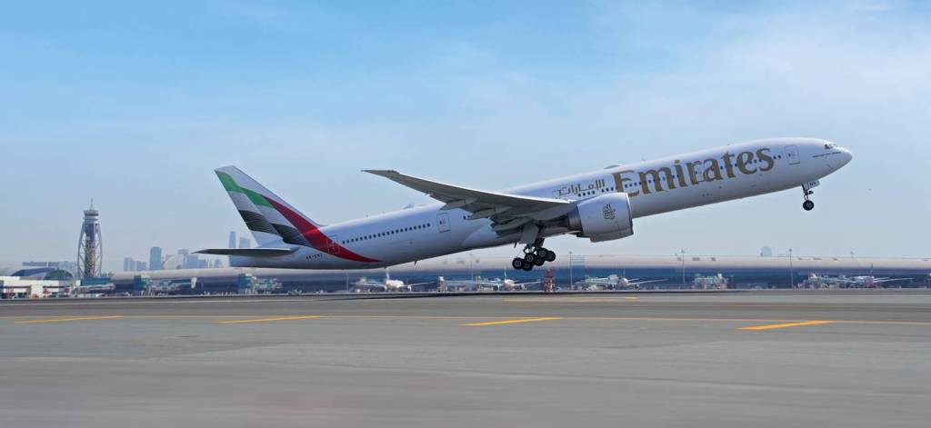 emirates plane, boeing 777, plane taking off, runway, airline