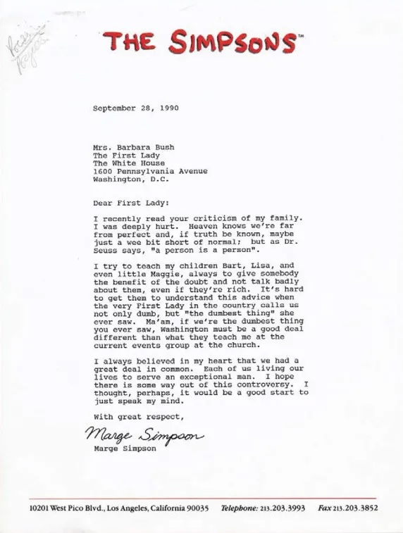 In 1990, Marge Simpson ‘wrote’ to Barbara Bush for ‘criticizing her family.’ It got an apology.