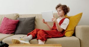 kid, couch, headphones, tablet, screen time