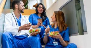 nurses, lunch, lunch break, nurses on steps, medical workers