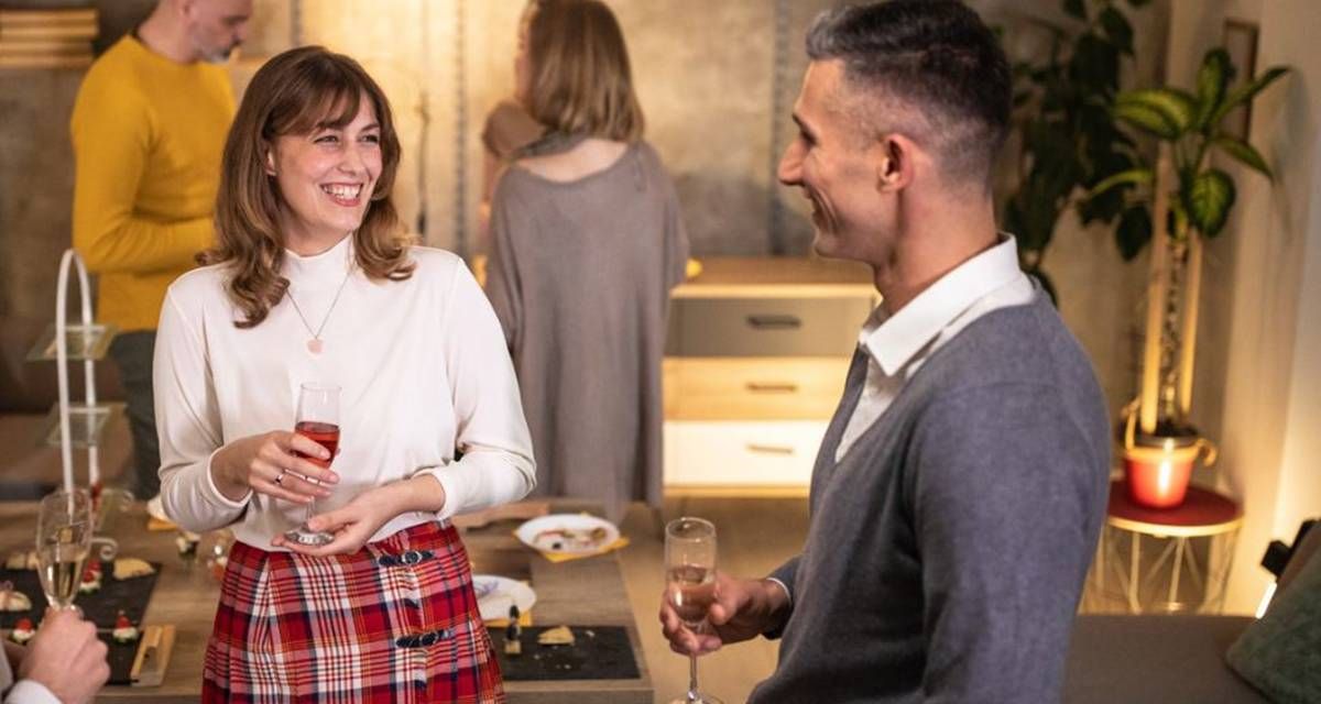 small talk, conversation, party, wine, man and woman