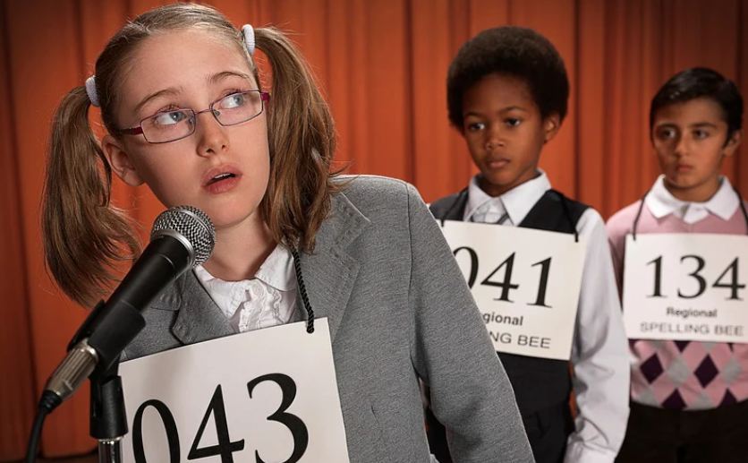spelling bee, elementary school, young girl, nervous girl, spelling competition
