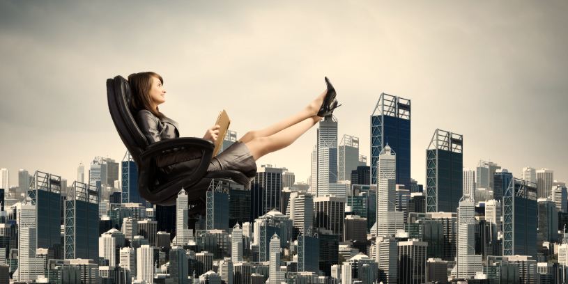 woman in chair, office chair, skyline, boss, ceo