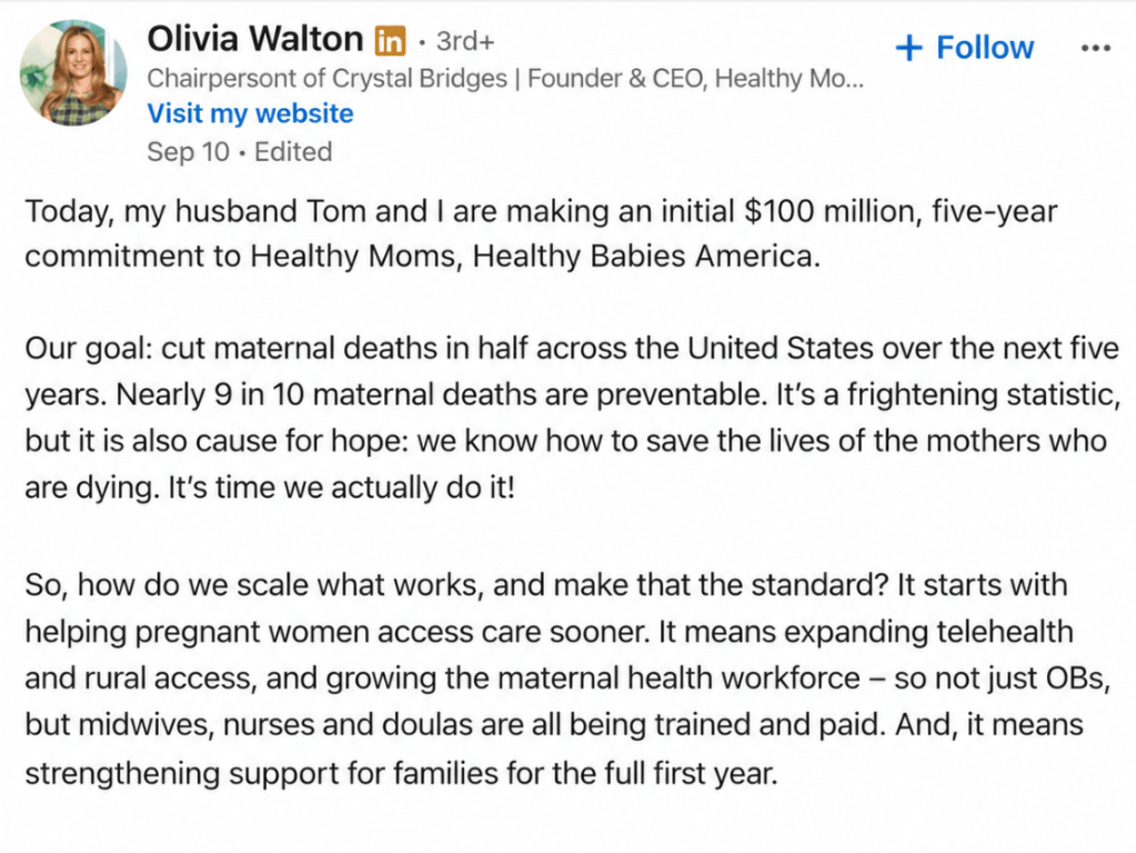 Olivia Walton's $100 million dollar commitment to maternal health
