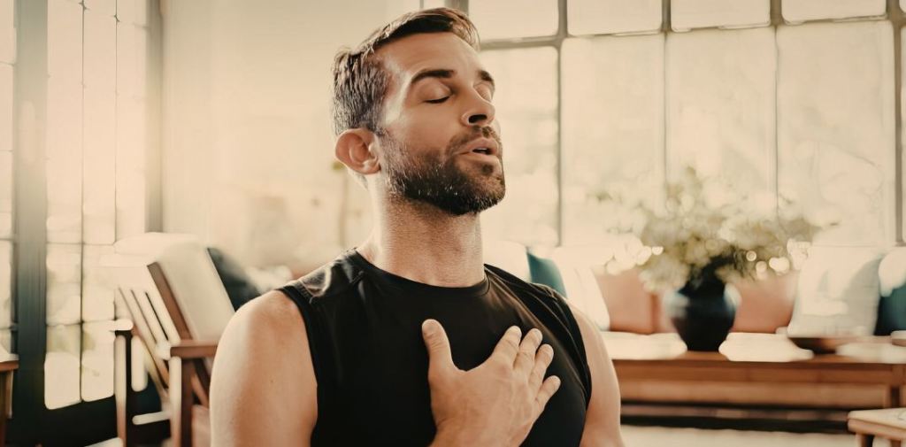 calm man, breathing exercise, deep breath