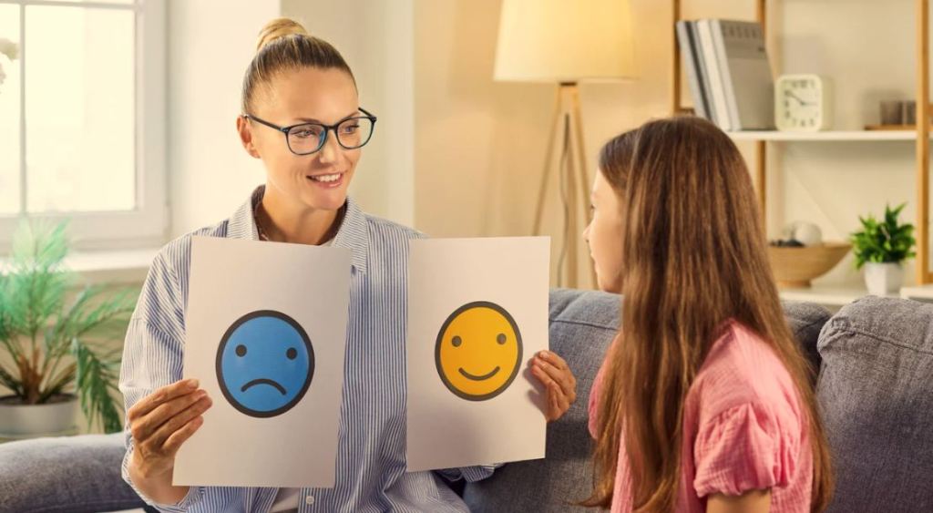 therapist, emotions chart, young girl