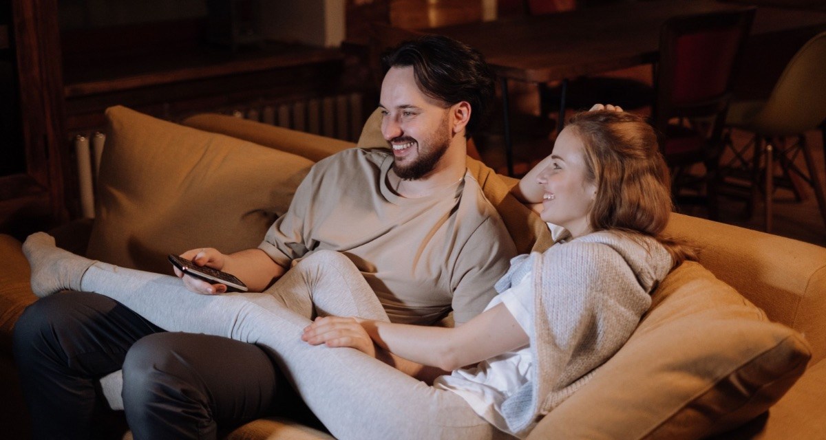 man, woman, couch, couple, cuddling
