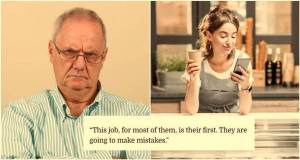 angry man, ice cream shop, teenage employee, woman on phone, angry customer