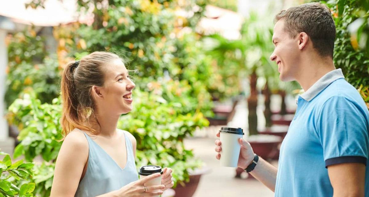 coffee, man woman chatting, conversation, young people, outdoor conversation