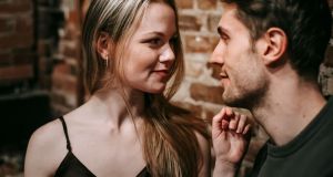 woman, man, wall, flirting, smile