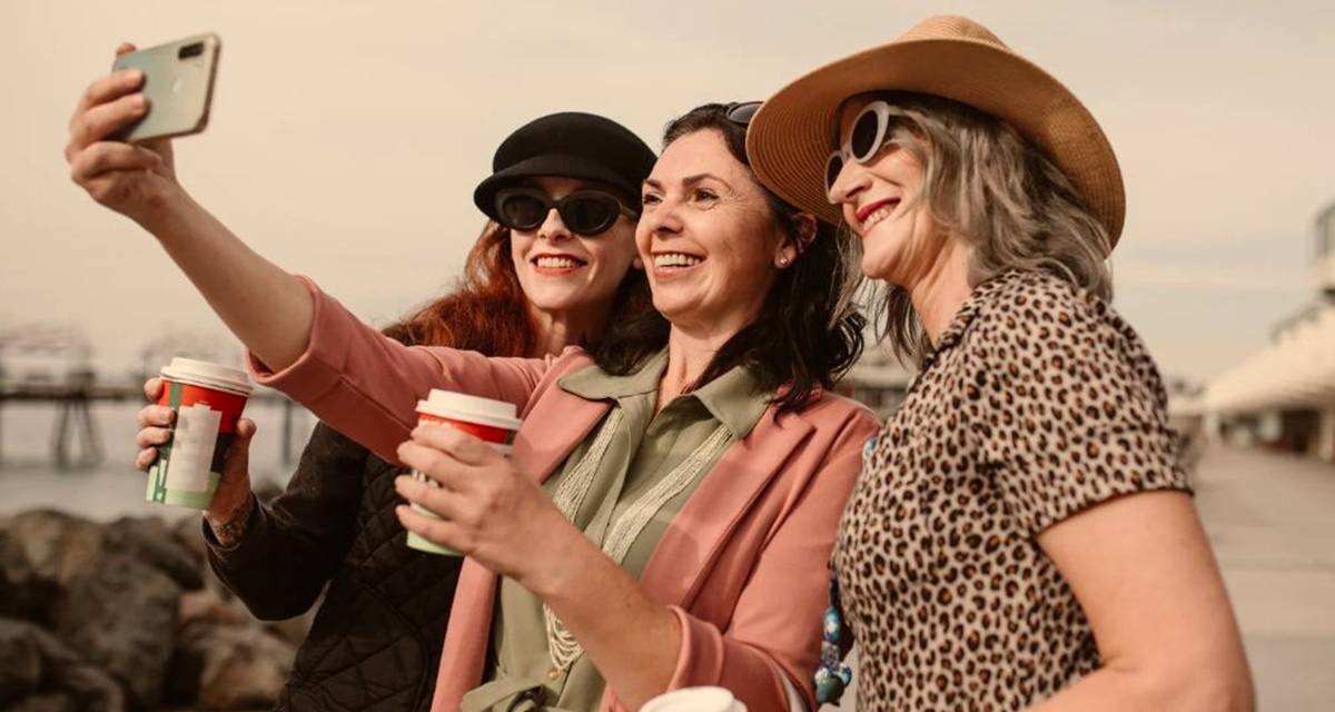 woman selfie, pier, woman with coffee, middle-aged women, friends
