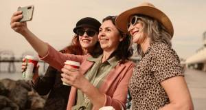 woman selfie, pier, woman with coffee, middle-aged women, friends